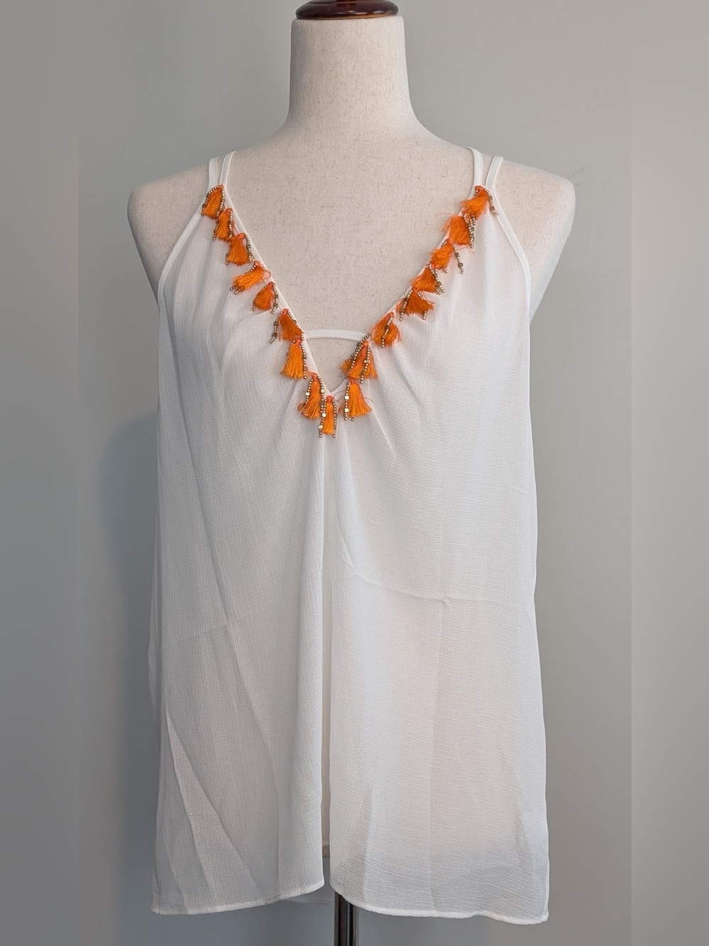 Ramy Brook Antonia V Neck Beaded Tassel Sleeveless Top White NWT Size M/L